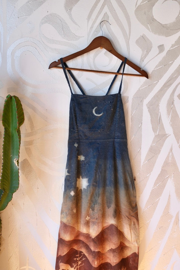 S/M -  Golden Hour In the Mountains- Dress - Tie Back & Zipper - 50% Linen  48% Rayon  2% Spndx - Adjustable Straps-Upcycled Regenerazhinh -OOAK - Recommended for Heights 5.8 and under