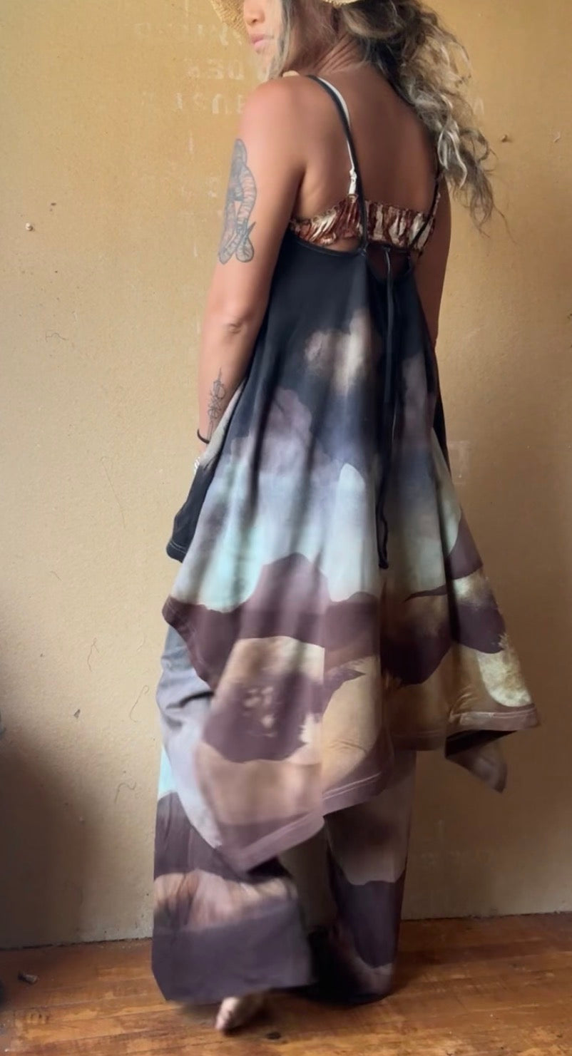 Full of Wonder SET (Fits - small and medium) Top and wide legged Pants - Adjustable Top straps - long tail fountain back - OOAK- One of one design- 100% Organic Cotton(has stretch to it and generous stretch waist pants ) soft