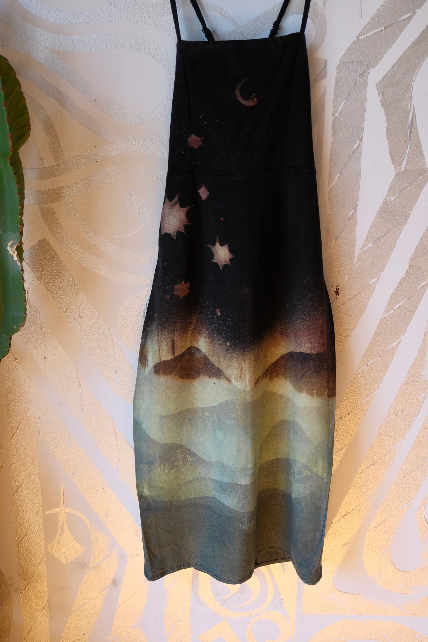 Small - Midnight Glowing Misty Mountains- Dress - Tie Back & Zipper - 50% Linen  48% Rayon  2% Spndx - Adjustable Straps-Upcycled Regenerazhinh -OOAK