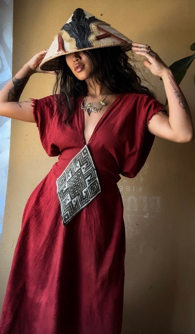 Regular (Fits S/M/L ) Maxi Red Henka Dress - Deadstock Fabric 100% Cotton -70's Hmong Hill tiribe hand woven heritage tapestry Vietnames  medium Weight