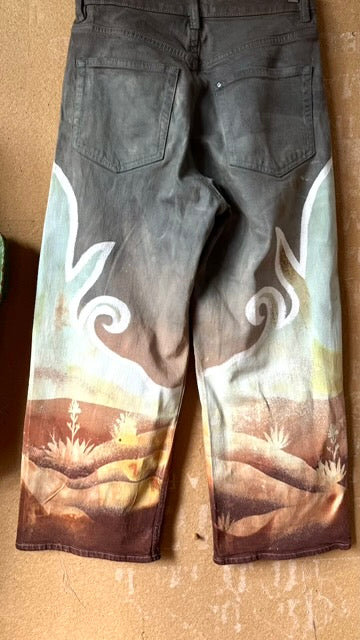 Small/Medium Size 4- Landscape - Temple Swirl -100% cotton Heavy Duty-   Regenerazhinh Upcycled Pants