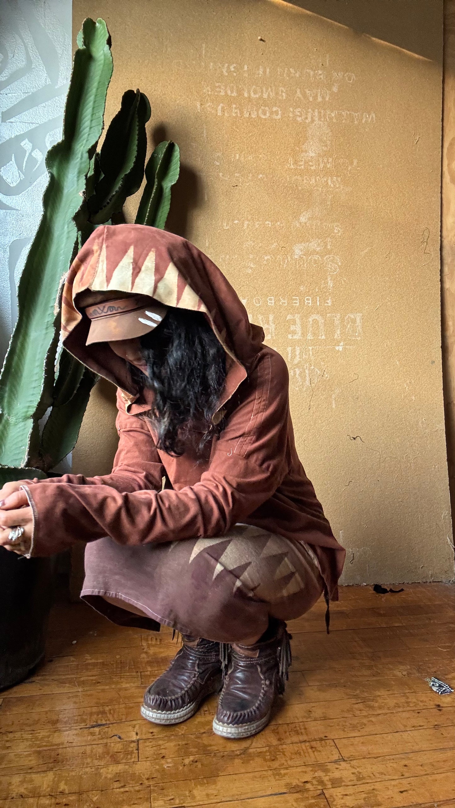 Medium -Terracotta Clay plain solid with Mountain print hood - Slouchy Long sleeve Hoodie  - Oversized Hoodie - 100% Triple layered Cotton heavy weight cotton Gauze - Cotton thermal stretch sleeves