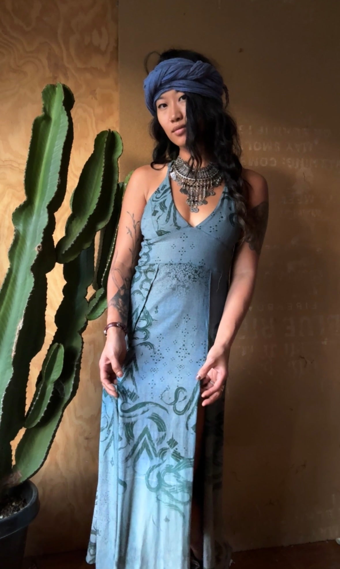 Medium - Midnight Secrets - Limited series -Darkoski X Zhinh Collaboration Empress Warrior Slit Dress- Screen Printed 66% bamboo, 26% cotton, 8% spandex - Recommended for 5.5ft and under -