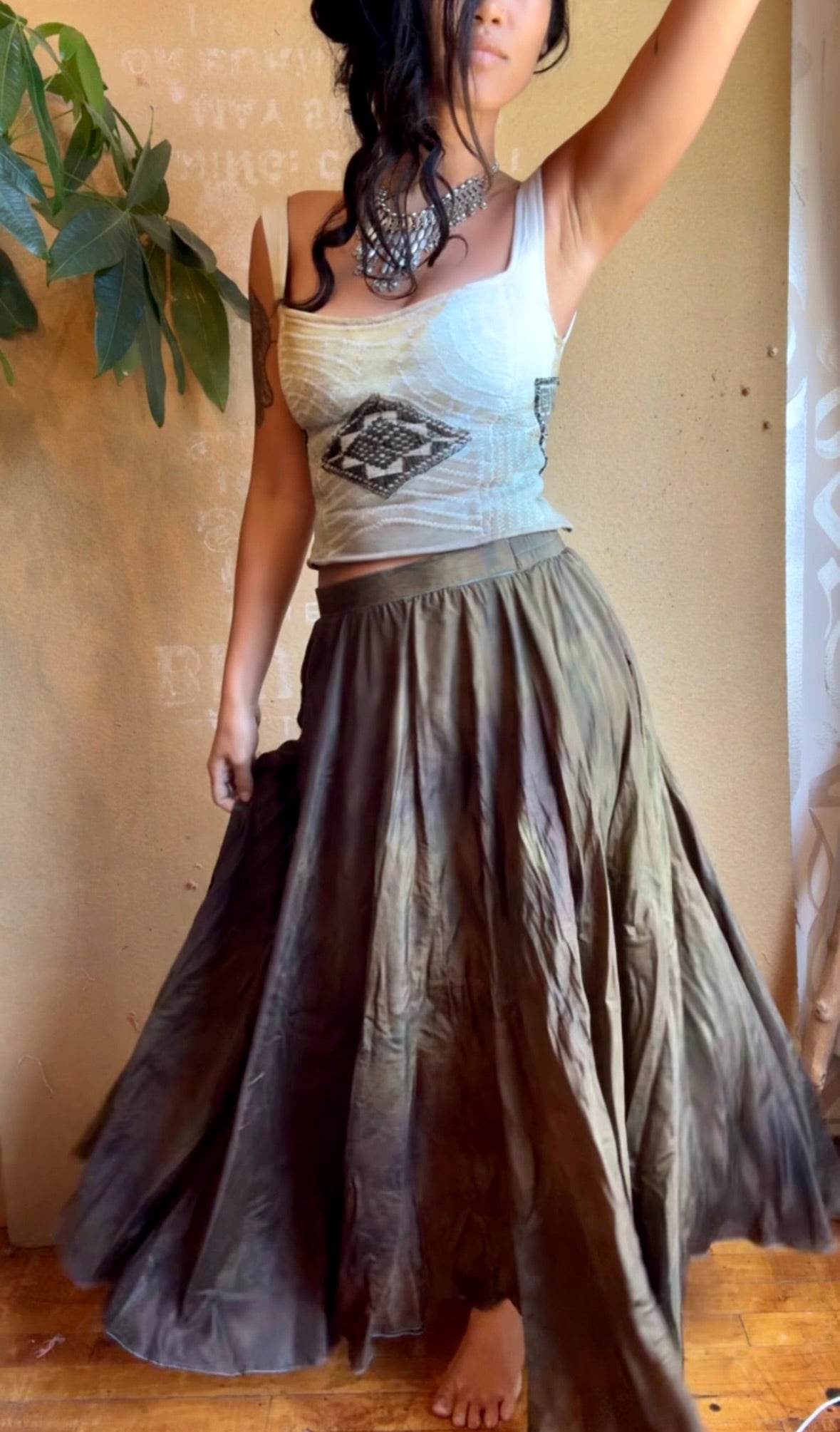 Small - Bronze Beetle Maxi/midi Skirt - Made from 8 meters of 100% Peace Ahisma Silk - Hand dyed- Olive green/bronze/brown -OOAK
