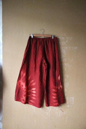 Small/Med - Red Lunadala Wide Legged Pants - 100% Linen - Elastic back band Upcycled