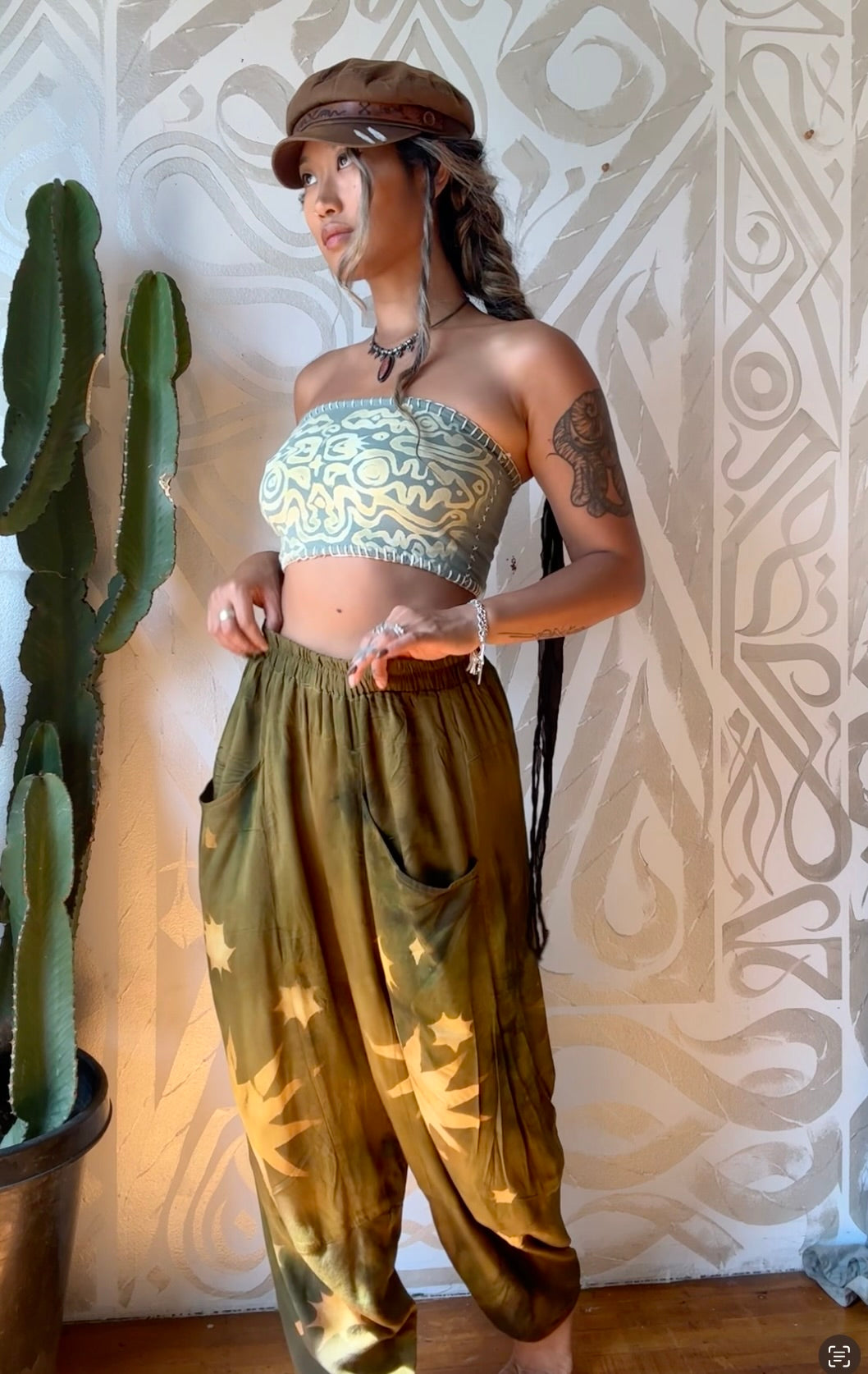 S/M - Olive Green Star Burst - Parachute Pants - Made from Lotus Agricultural Waste Vegan Silk-