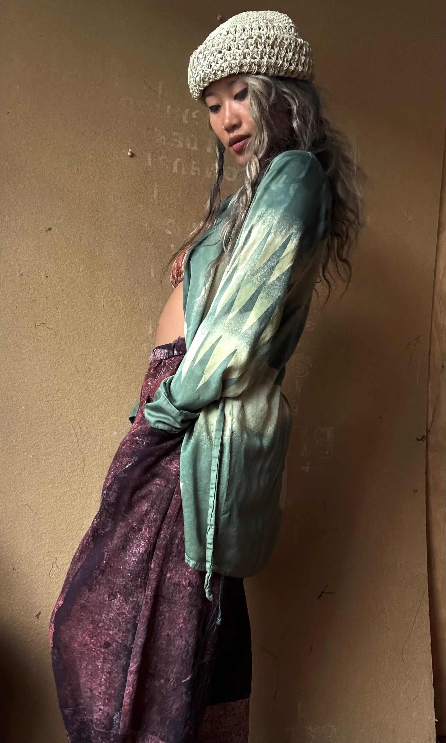 S/M - Jade Cloudy Skies Mountainous Sleeves-  Lotus Wrap Top- Vegan Silk Made from Lotus Waste - Versatile Style