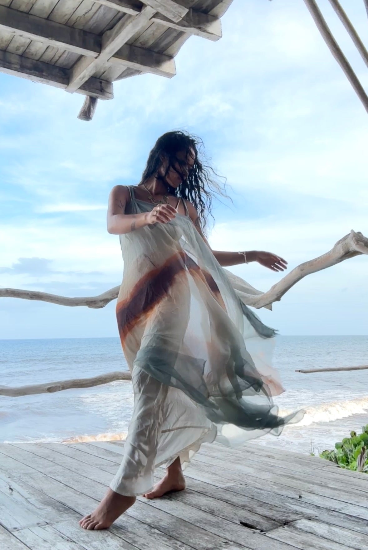 Free Size- Sunset Horizon on the Lake- EXPANSE 100% dead stock Silk Chiffon Cover up Dress- Adjustable  straps