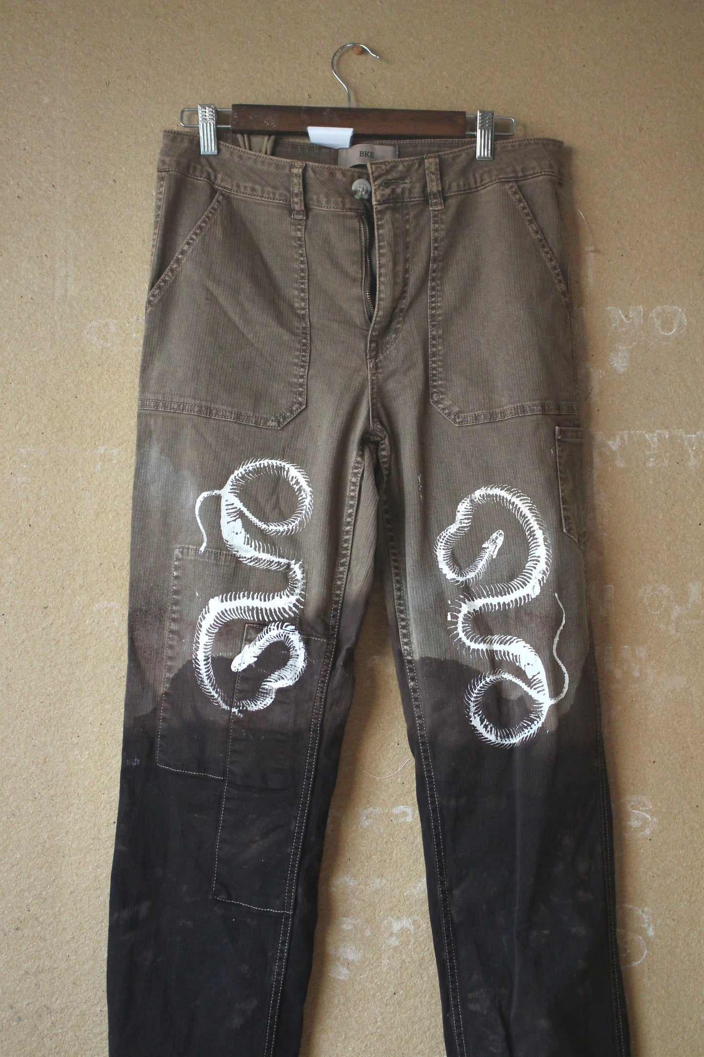 Size 8-10  - Serpent Bones Pants Upcycled - 29x30 - screen printed -hand dyed -98% Cotton 2% Spandex