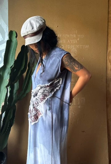 Petite (Fits XS/S/M) Tall Maxi Dress (can Hem If requested) And rise neckline too if needed - Silver Cloudy Sky Henka Dress - Hawk Spirit signs -Tie Back Hand painted Hawk patch - (Copy)
