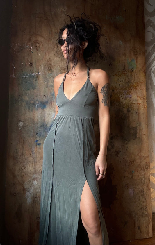 S/M or L/XL - Casual Frost Dress -Dead stock Bamboo Dress- Made in LA - one slit - stretchy/soft - Regenerative fashion