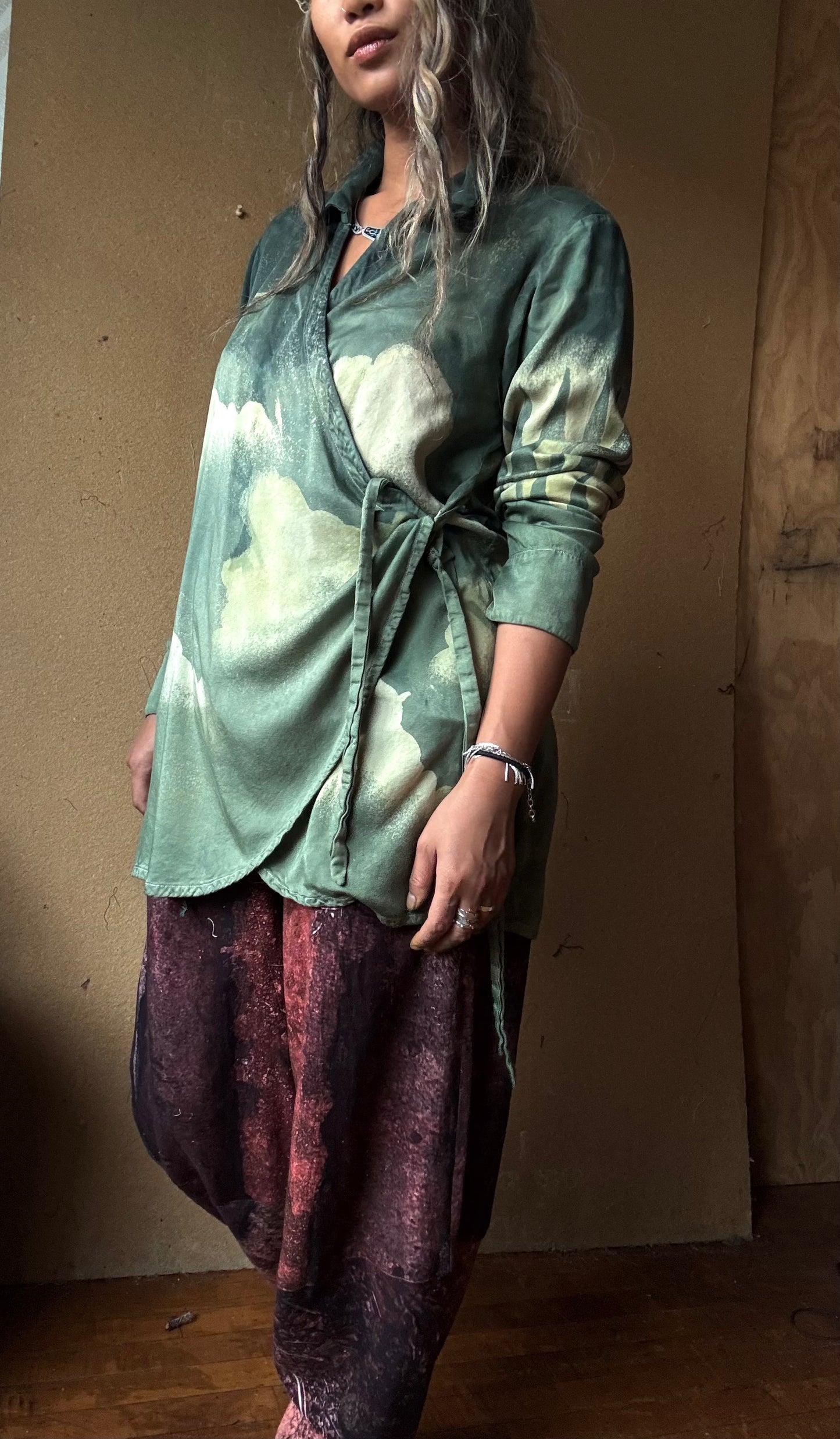 S/M - Jade Cloudy Skies Mountainous Sleeves-  Lotus Wrap Top- Vegan Silk Made from Lotus Waste - Versatile Style
