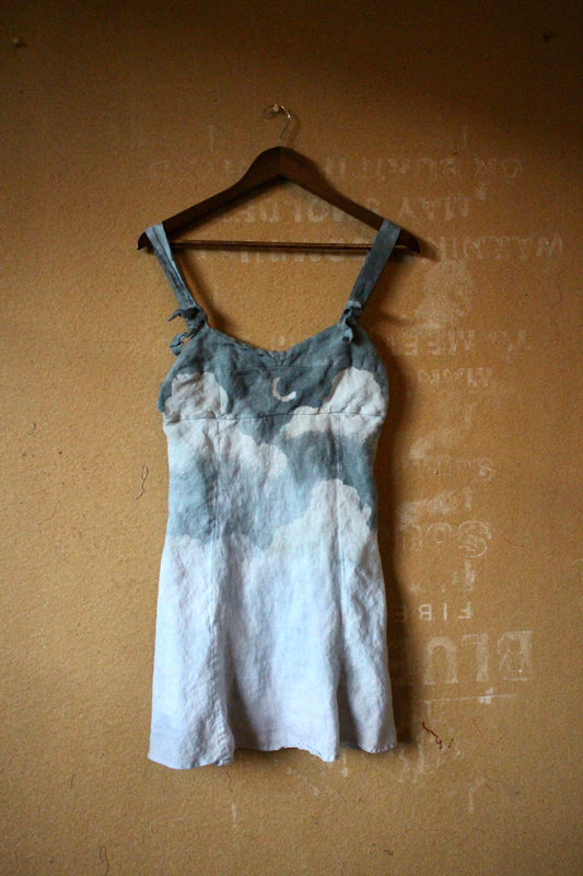 Medium - Blue Skies Mini Dress- 100% Linen - Regenerazhinh upcycled Collection OOAK