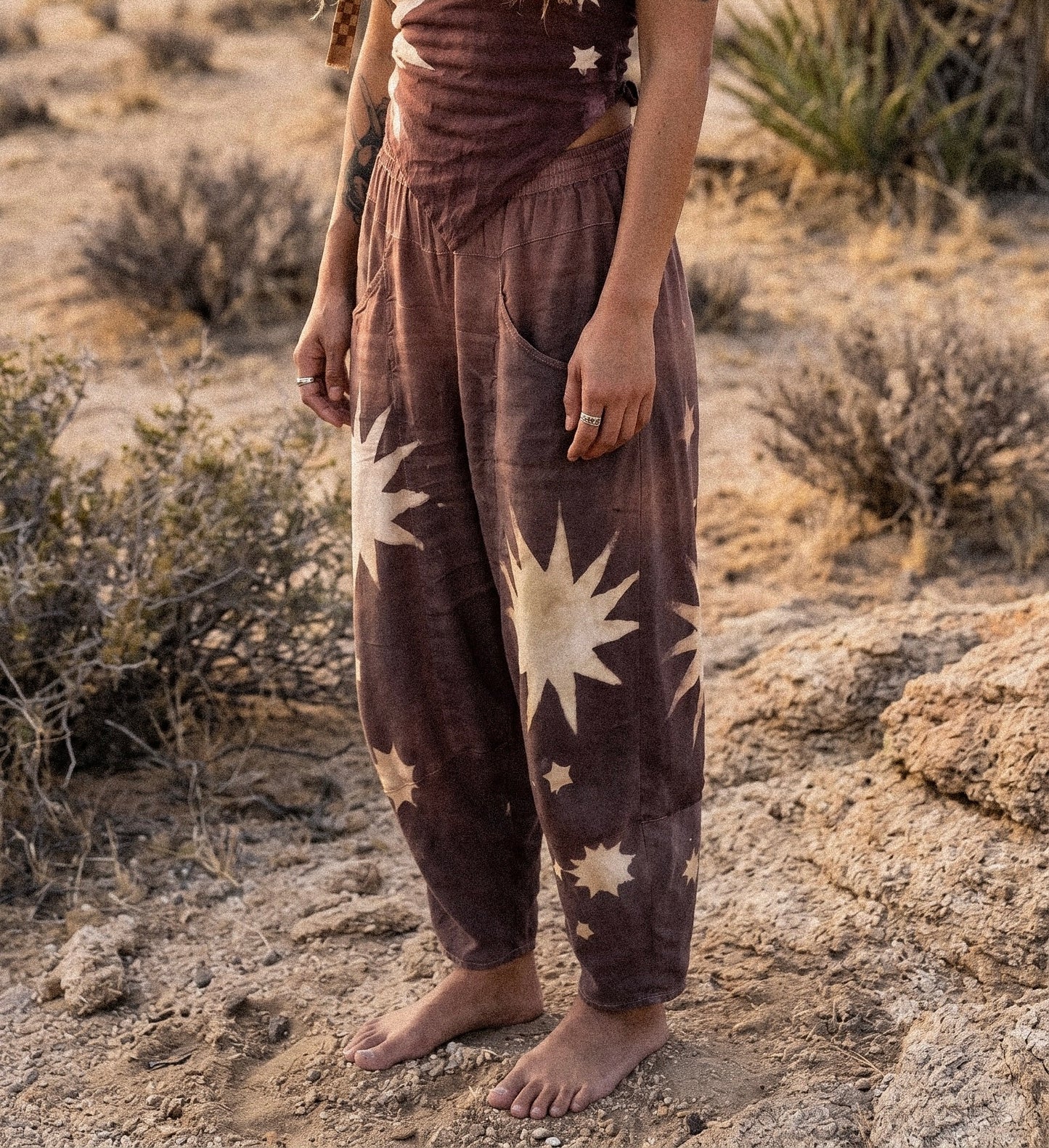 Small/Medium -Mauve Celestial Starburst  Parachutte Pants - Lotus Waste "Silk" - Milky/Soft - Soft Spandex stretch waist