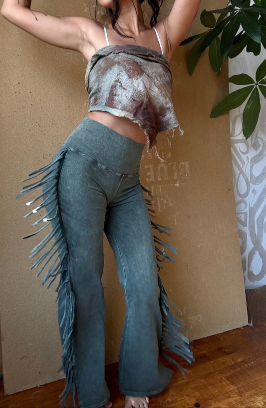 Restocked! Agave Mineral Wash -Ready To Ship - S/M/L/XL Chap Fringe Legging Semi Flares -Pants - Lounge/Yoga/Dancing/Festival wear -Made In LA, California - super soft - sturdy medium/heavy weight - 96% Cotton 4%Spandex