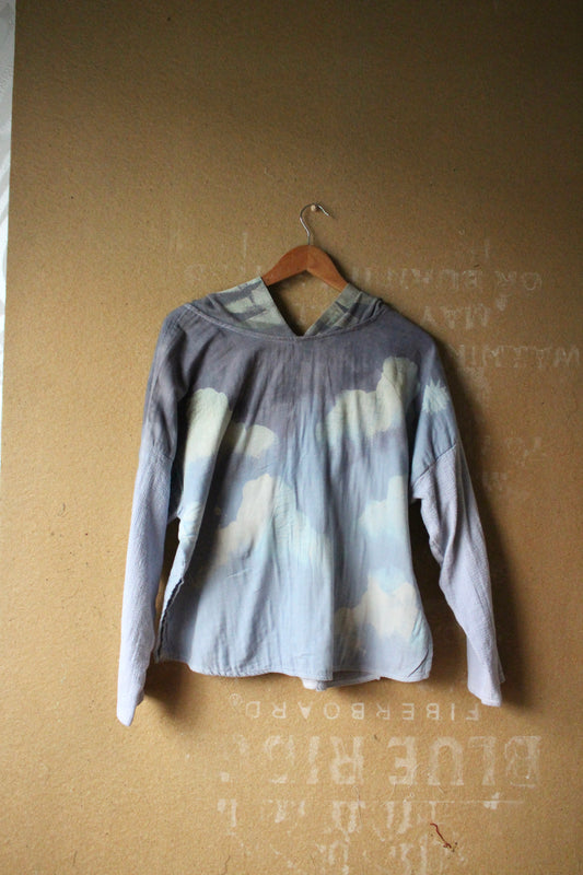 Medium - Blue Cloudy Skies Hoodie - OOAK -Over shirt Hoodie -100% triple layered Cotton gauze & 1000% cotton open weave- deadstock fabric - - Oversized Hood -