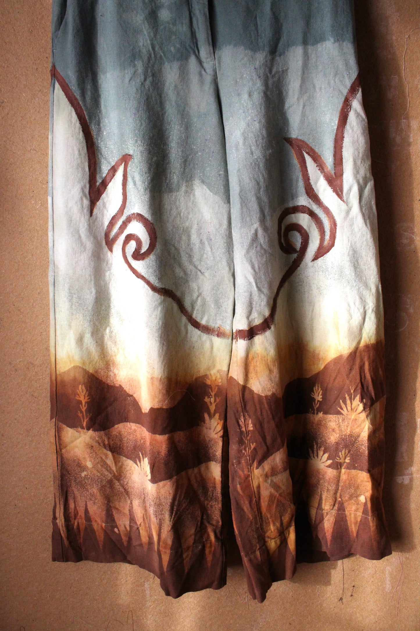 SIZE: fits 4-6 (medium) - Landscape - Temple Swirl -20% viscose 80% linen Regenerazhinh Upcycled Pants