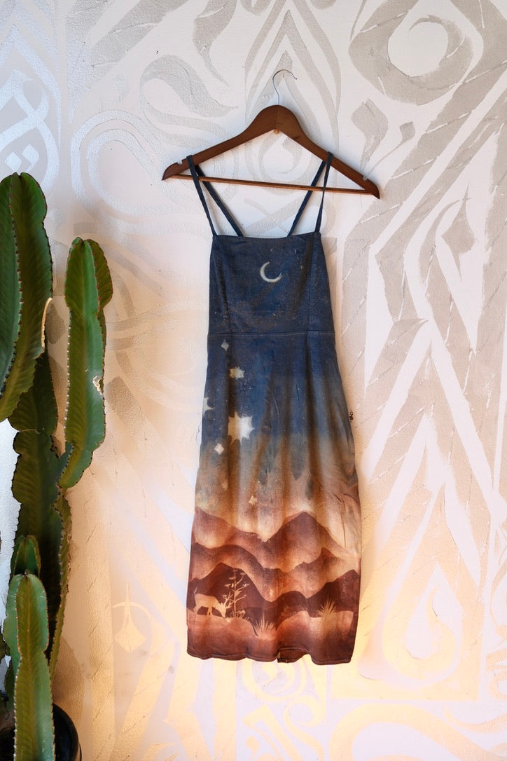 S/M -  Golden Hour In the Mountains- Dress - Tie Back & Zipper - 50% Linen  48% Rayon  2% Spndx - Adjustable Straps-Upcycled Regenerazhinh -OOAK - Recommended for Heights 5.8 and under