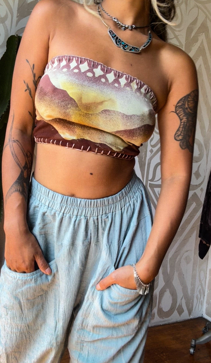 Small - Misty Mauve Mountain Tube Top - Handpainted- Hand embroidered  - 91% organic cotton and 9% elastane -super soft