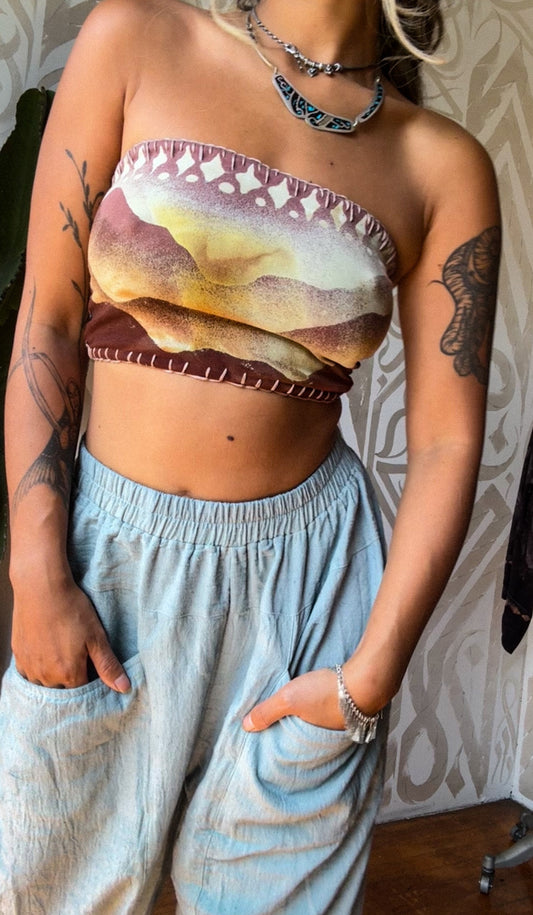 Small - Misty Mauve Mountain Tube Top - Handpainted- Hand embroidered  - 91% organic cotton and 9% elastane -super soft