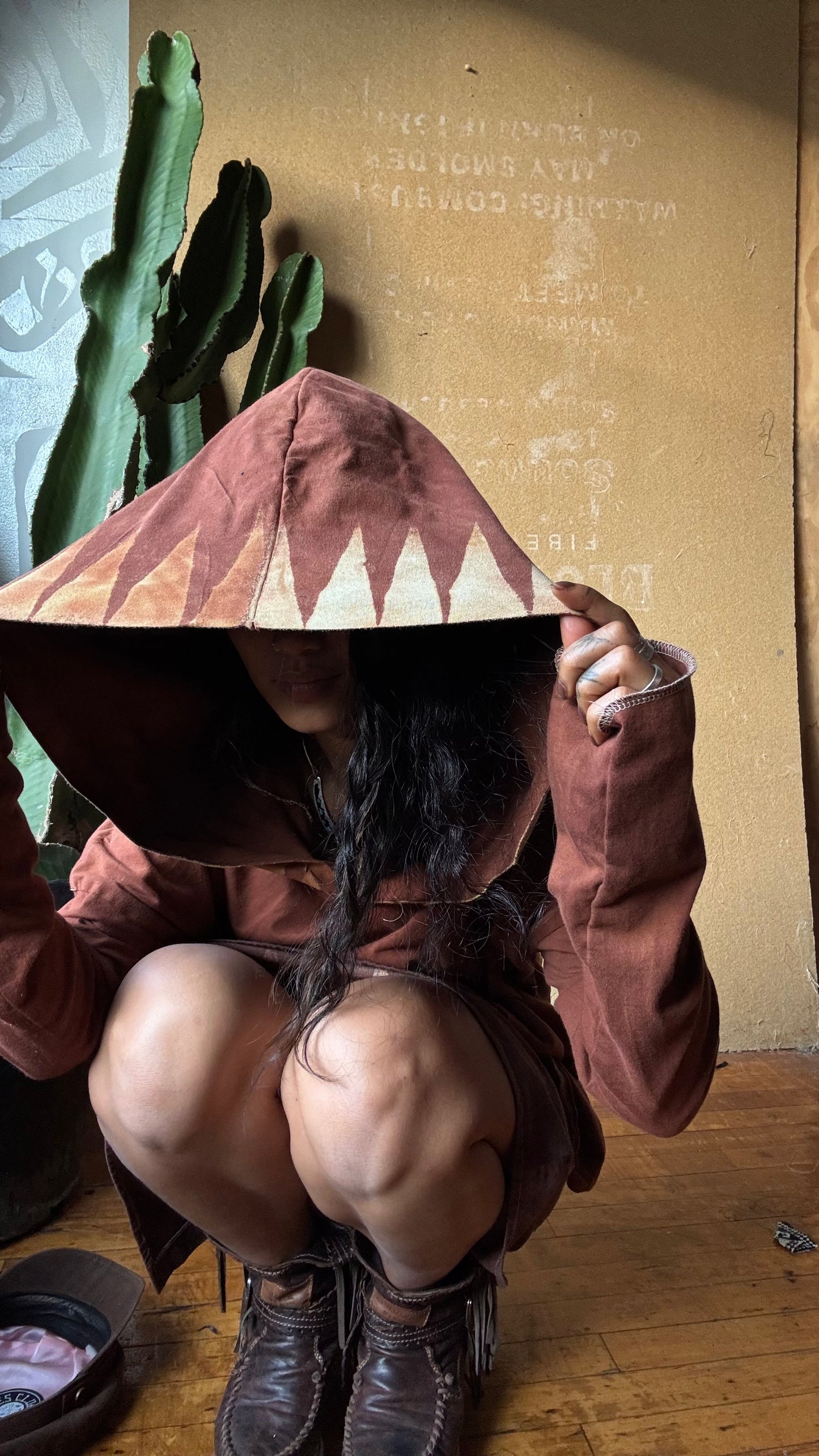 Medium -Terracotta Clay plain solid with Mountain print hood - Slouchy Long sleeve Hoodie  - Oversized Hoodie - 100% Triple layered Cotton heavy weight cotton Gauze - Cotton thermal stretch sleeves