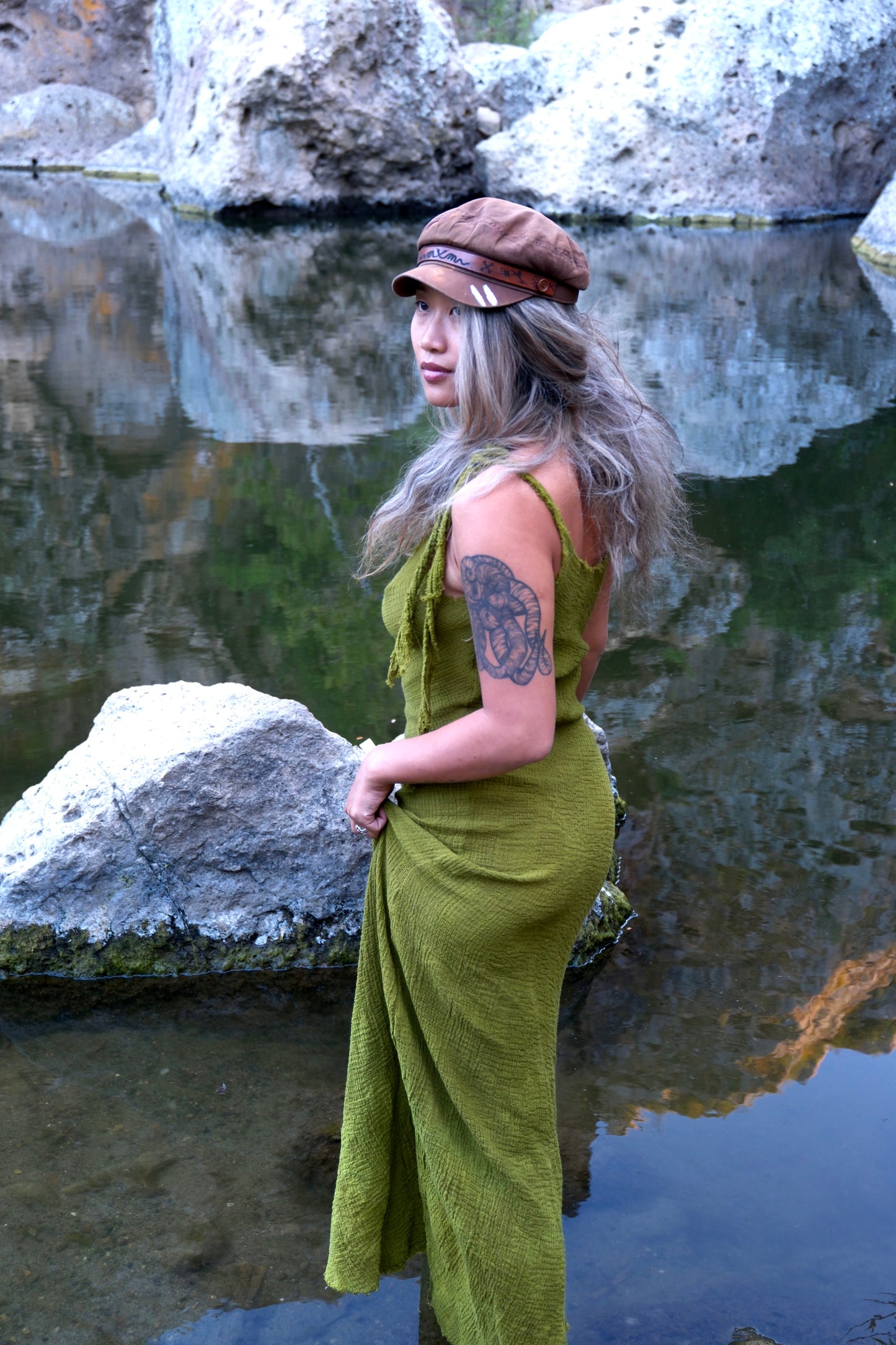 I MOSS YOU Maxi Dress - 100% Cotton - Cut on the Bias- deadstock fabric - textured Gauzey like fabric - Adjustable Long straps -Breathable