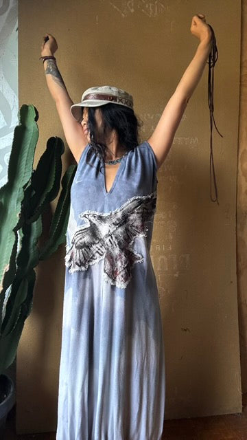 Petite (Fits XS/S/M) Tall Maxi Dress (can Hem If requested) And rise neckline too if needed - Silver Cloudy Sky Henka Dress - Hawk Spirit signs -Tie Back Hand painted Hawk patch - (Copy)