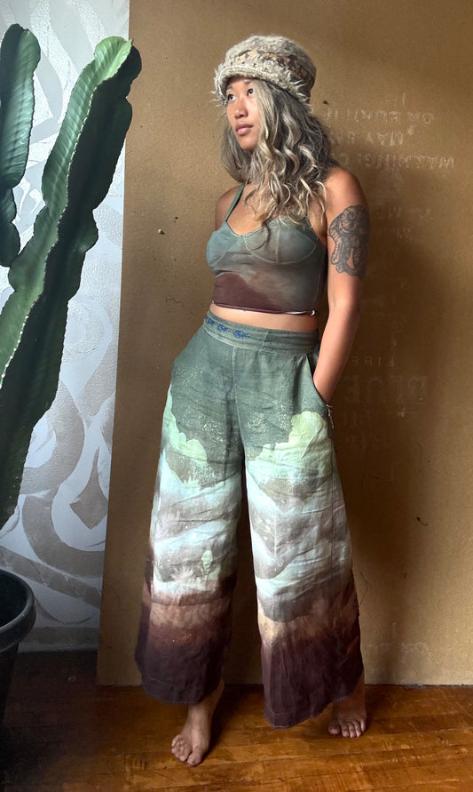 S/M -Size 4- Desert Soothe Landscape Wide Legged Pants - Embroidery waist detail - Linen Pants - Upcycled - OOAK