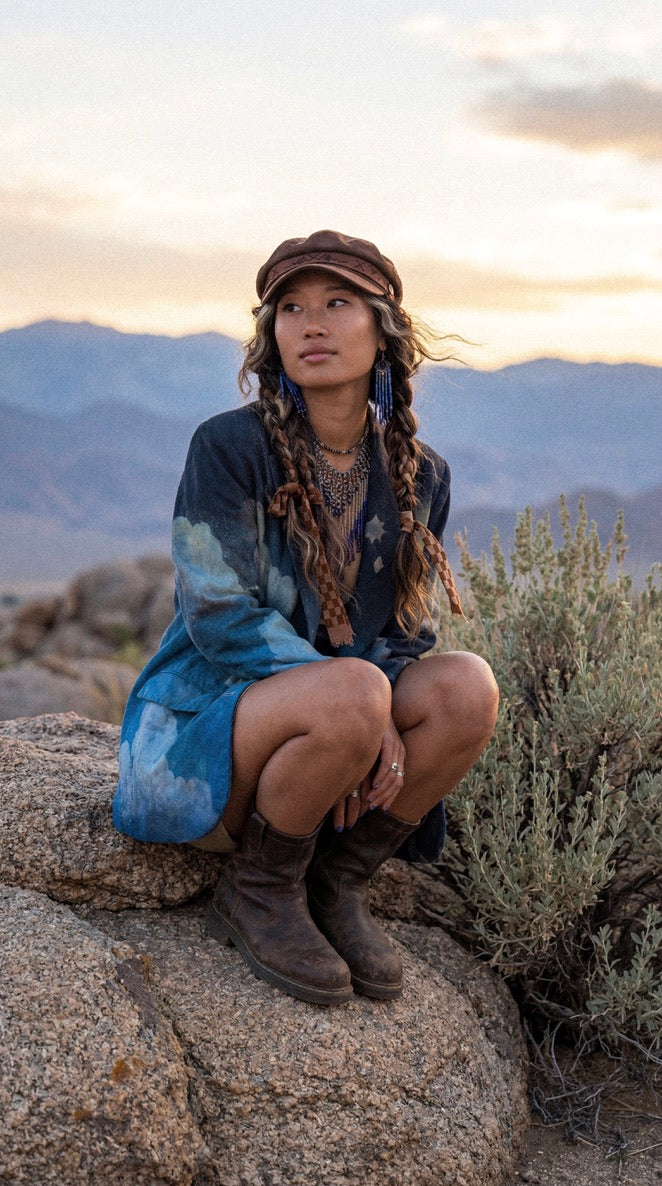 Small - Business with the Midnight Sky Blazer -Linen - Upcycled - Small - padded shoulder - Business Playful
