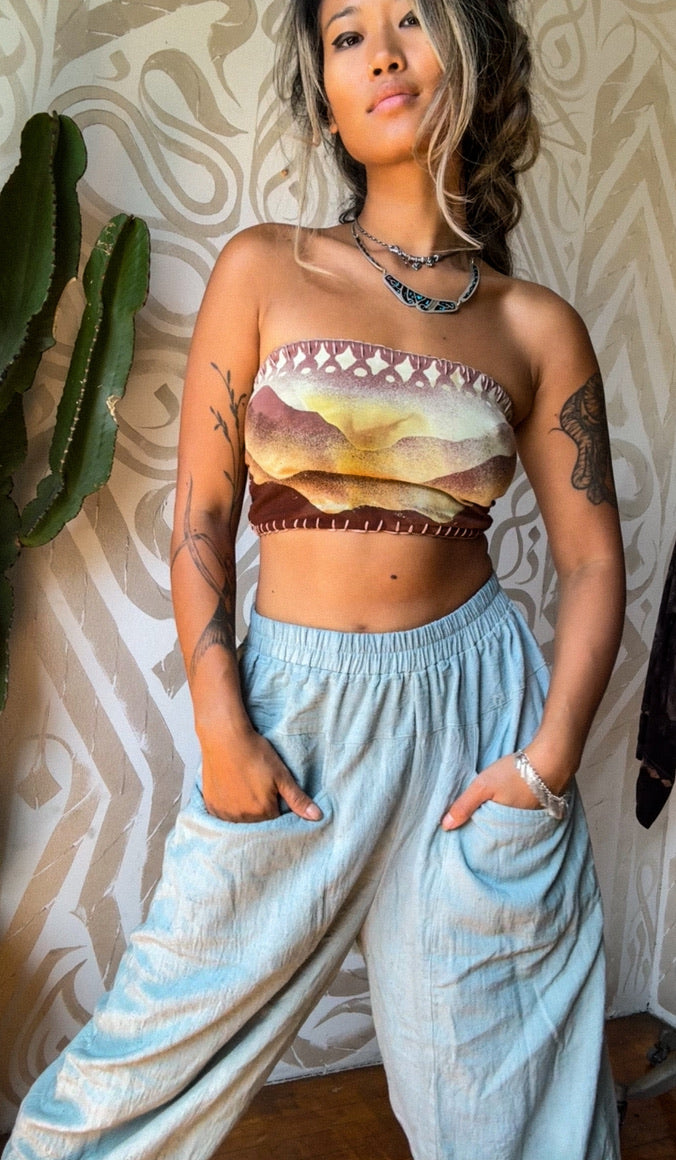 Small - Misty Mauve Mountain Tube Top - Handpainted- Hand embroidered  - 91% organic cotton and 9% elastane -super soft