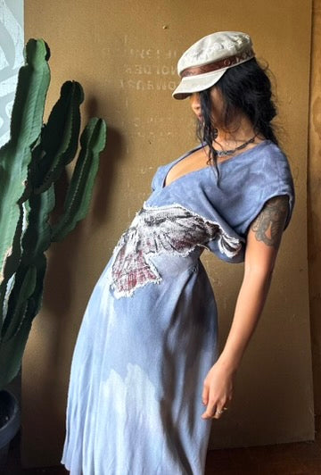 Petite (Fits XS/S/M) Tall Maxi Dress (can Hem If requested) And rise neckline too if needed - Silver Cloudy Sky Henka Dress - Hawk Spirit signs -Tie Back Hand painted Hawk patch - (Copy)