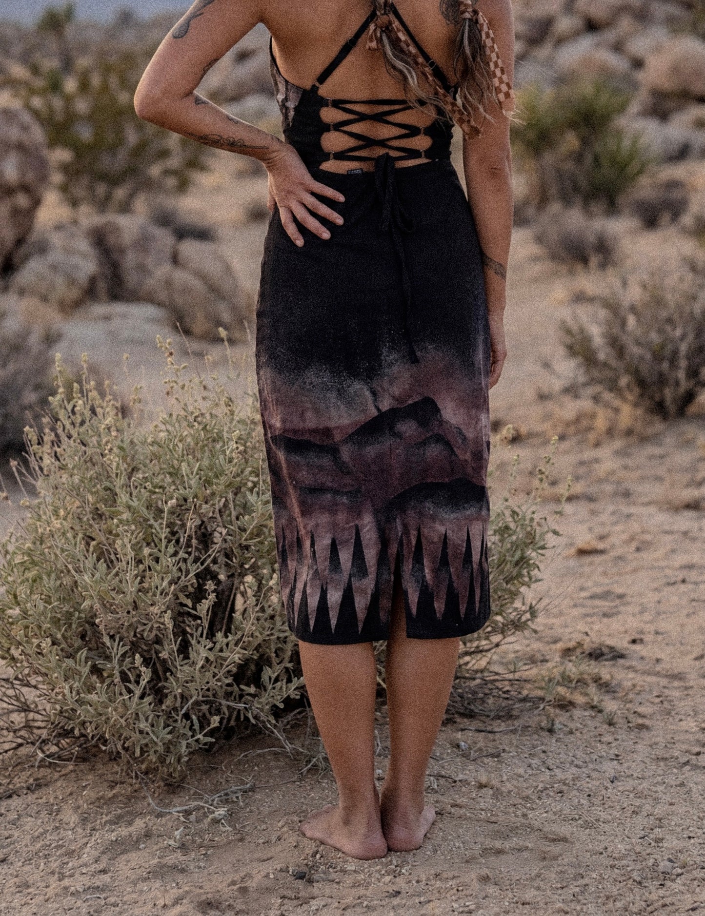 Fits M/L - Black Mysteries of the Mountains Dress-Made From 50% Linen 48%Rayon 2 % Spndx - Tie Back adjustable and Zipper - Stretchy -Uplcycled