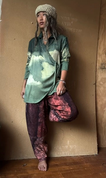S/M - Jade Cloudy Skies Mountainous Sleeves-  Lotus Wrap Top- Vegan Silk Made from Lotus Waste - Versatile Style