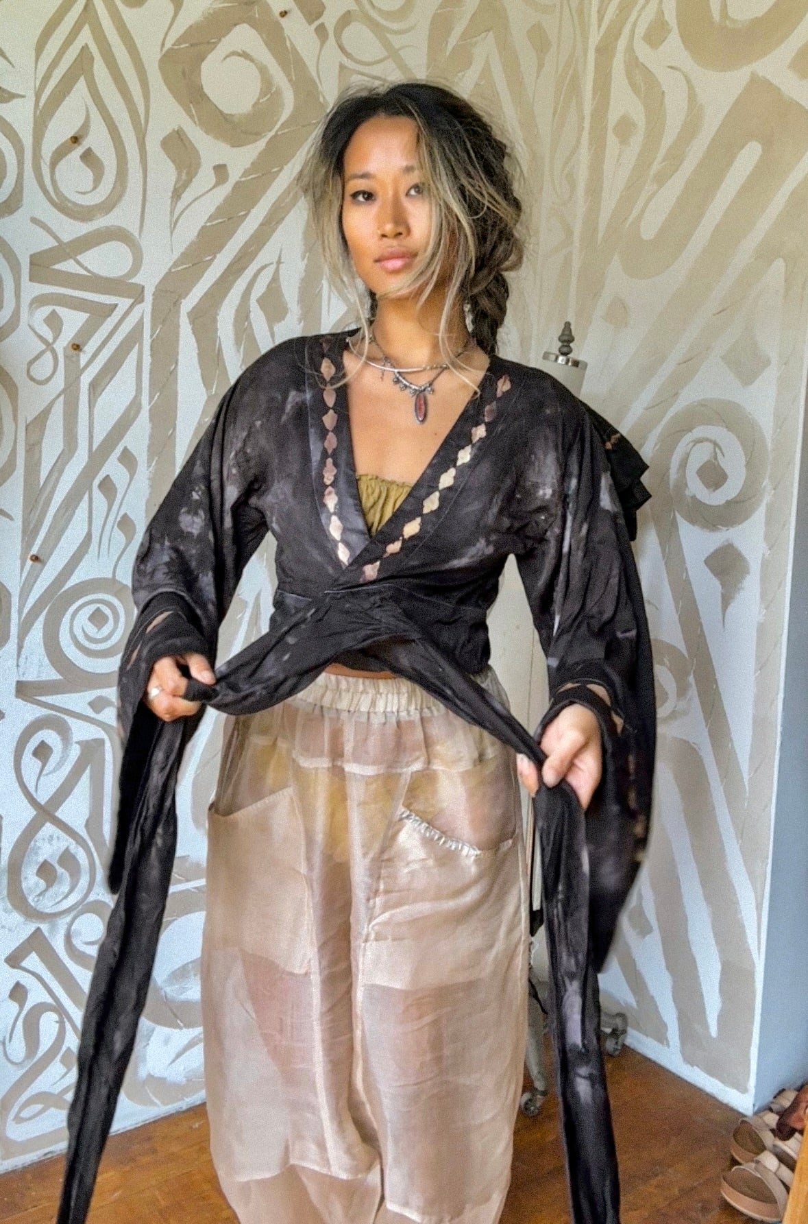 New! MTO- SMOKE Wrap Top- Lotus plant waste vegan Silk- Limited Series- Bell Sleeve Wrap