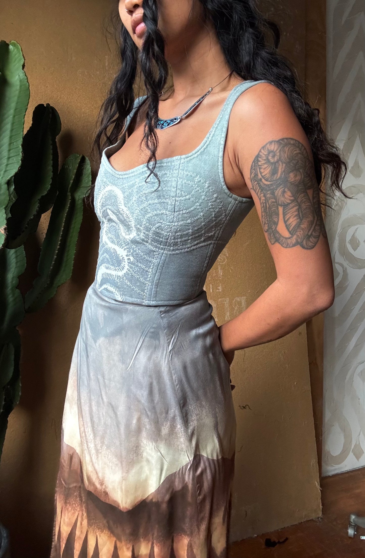 XS - Serpent Bones Ciontinuum- Light Blue Corset Top- Full Length  - 100% Heavy Weight Cotton French Terry - Deadstock Fabric (Copy)