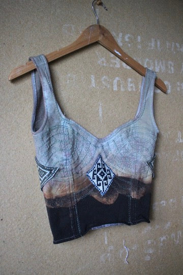 XS/S - Continuum/Integration Corset Top - Vintage 70's Handwoven Vietnamese patches - Adjustable back