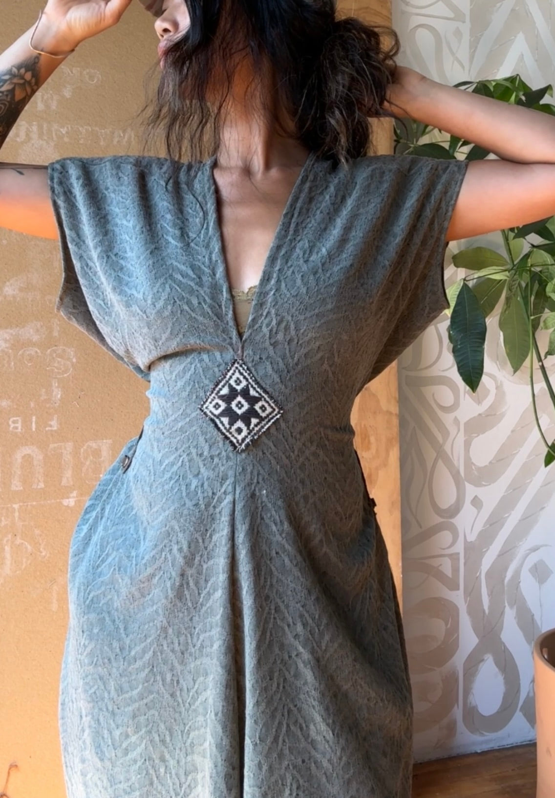 3 New ! Agave Subtle Zebra Print Henka Dress - Fits S/M/L - Medium Weight-Made from deadstock - Cupra Fabric- Hmong HIlltribe woven patch optional