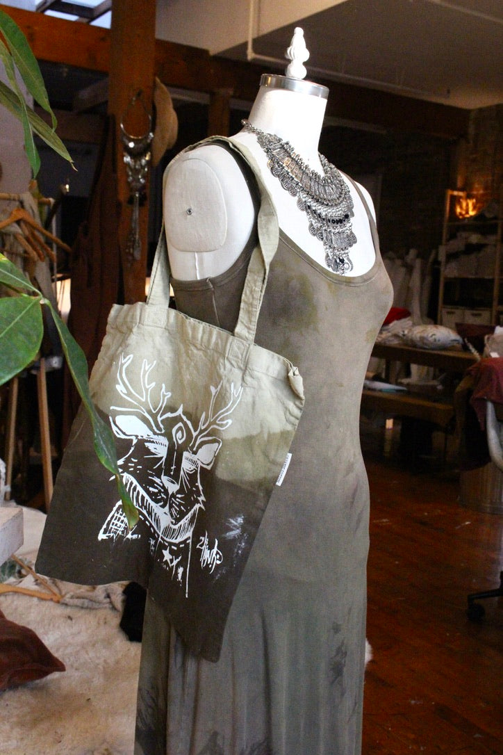 Zhinh - Roger/Tree Landscape Print Tote Bag - Green -Limited series - Hand dyed - Screen Printed- Organic Cotton- Grocery bag/Book Bag/Picnic Bag