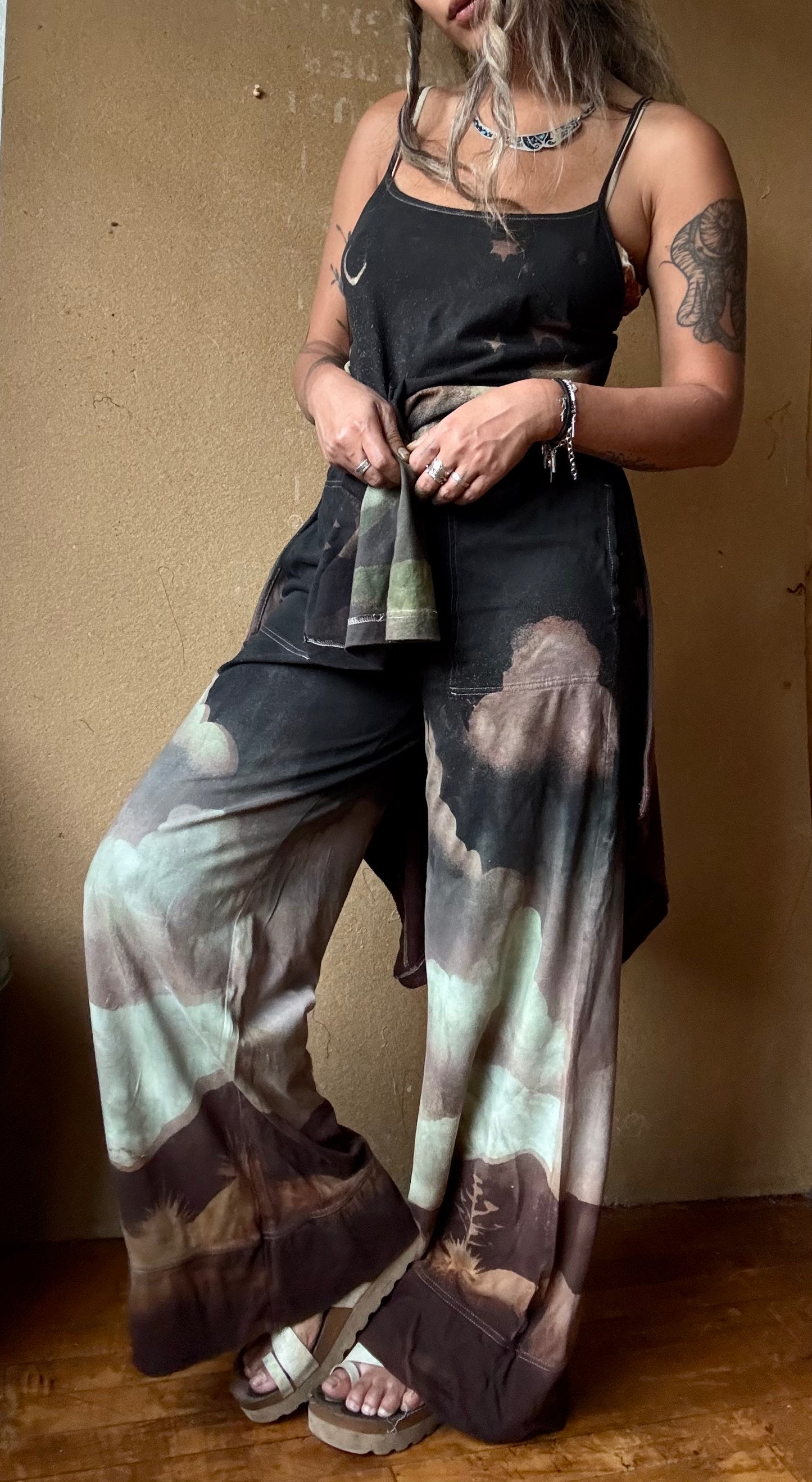 Full of Wonder SET (Fits - small and medium) Top and wide legged Pants - Adjustable Top straps - long tail fountain back - OOAK- One of one design- 100% Organic Cotton(has stretch to it and generous stretch waist pants ) soft