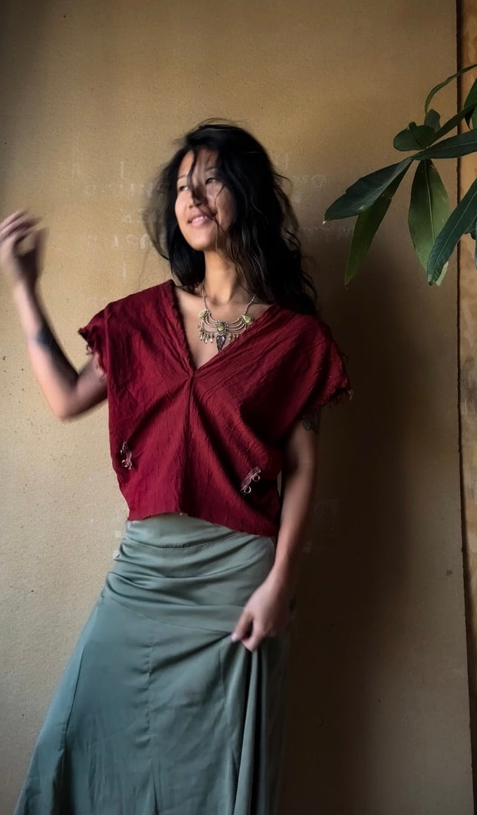 RTS - Petite (XS/S/M) The Bleed Henka Top - Organic Rain fed hand woven Kala Cotton- Hand dyed