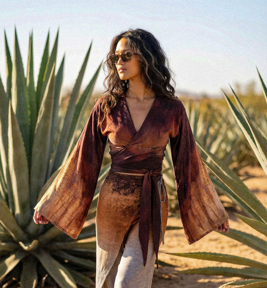 1 XS/S- OXIDATION Of the World - Ready to Ship- Kimono Wrap top - Rusty Sign in Thailand - Milky Lotus Waste Fabric-