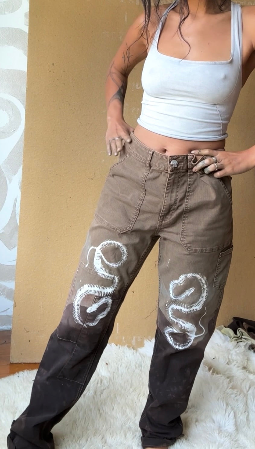 Size 8-10  - Serpent Bones Pants Upcycled - 29x30 - screen printed -hand dyed -98% Cotton 2% Spandex