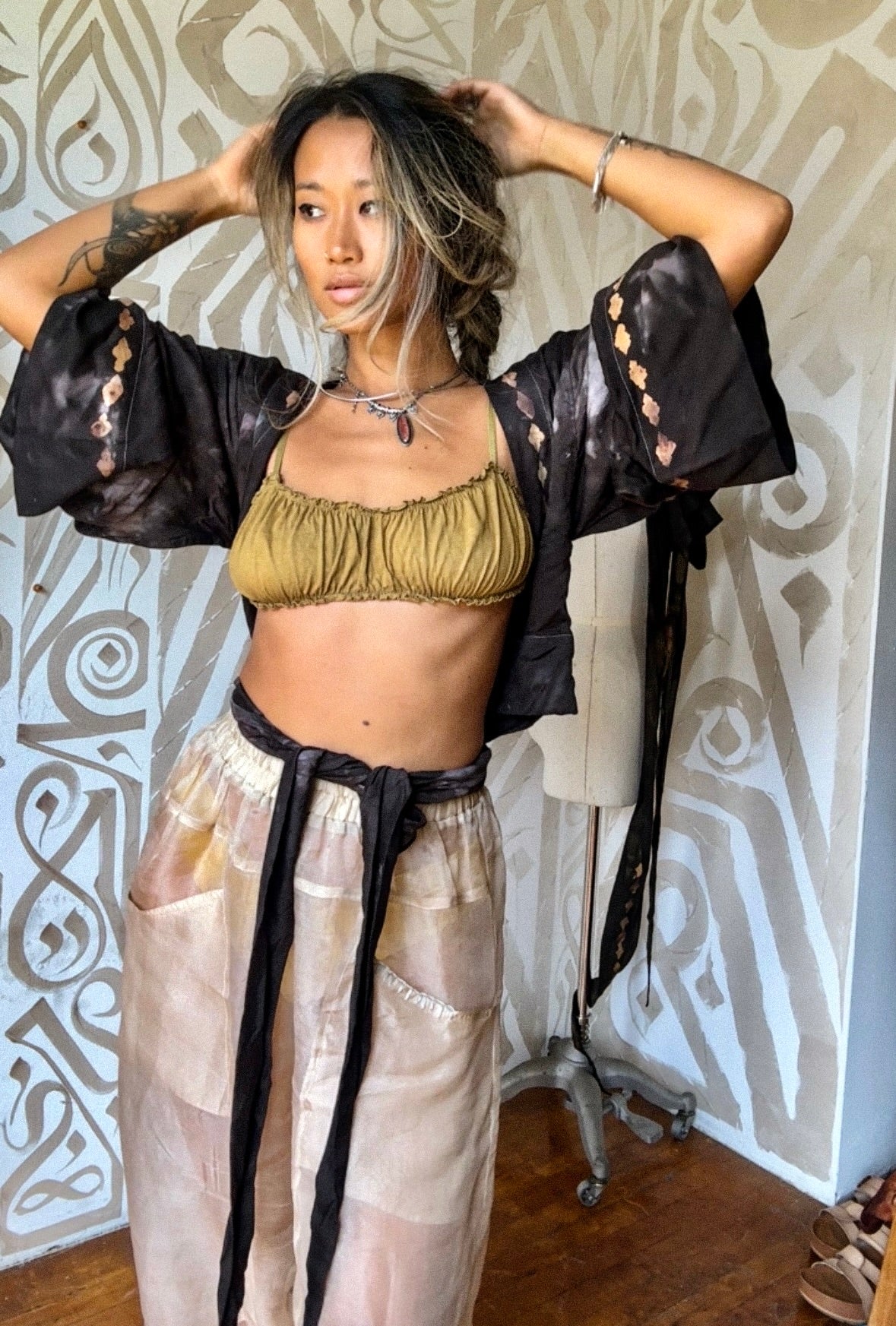 New! MTO- SMOKE Wrap Top- Lotus plant waste vegan Silk- Limited Series- Bell Sleeve Wrap