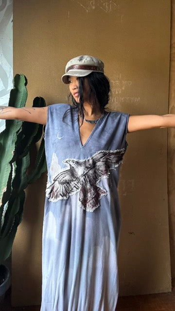 Petite (Fits XS/S/M) Tall Maxi Dress (can Hem If requested) And rise neckline too if needed - Silver Cloudy Sky Henka Dress - Hawk Spirit signs -Tie Back Hand painted Hawk patch - (Copy)