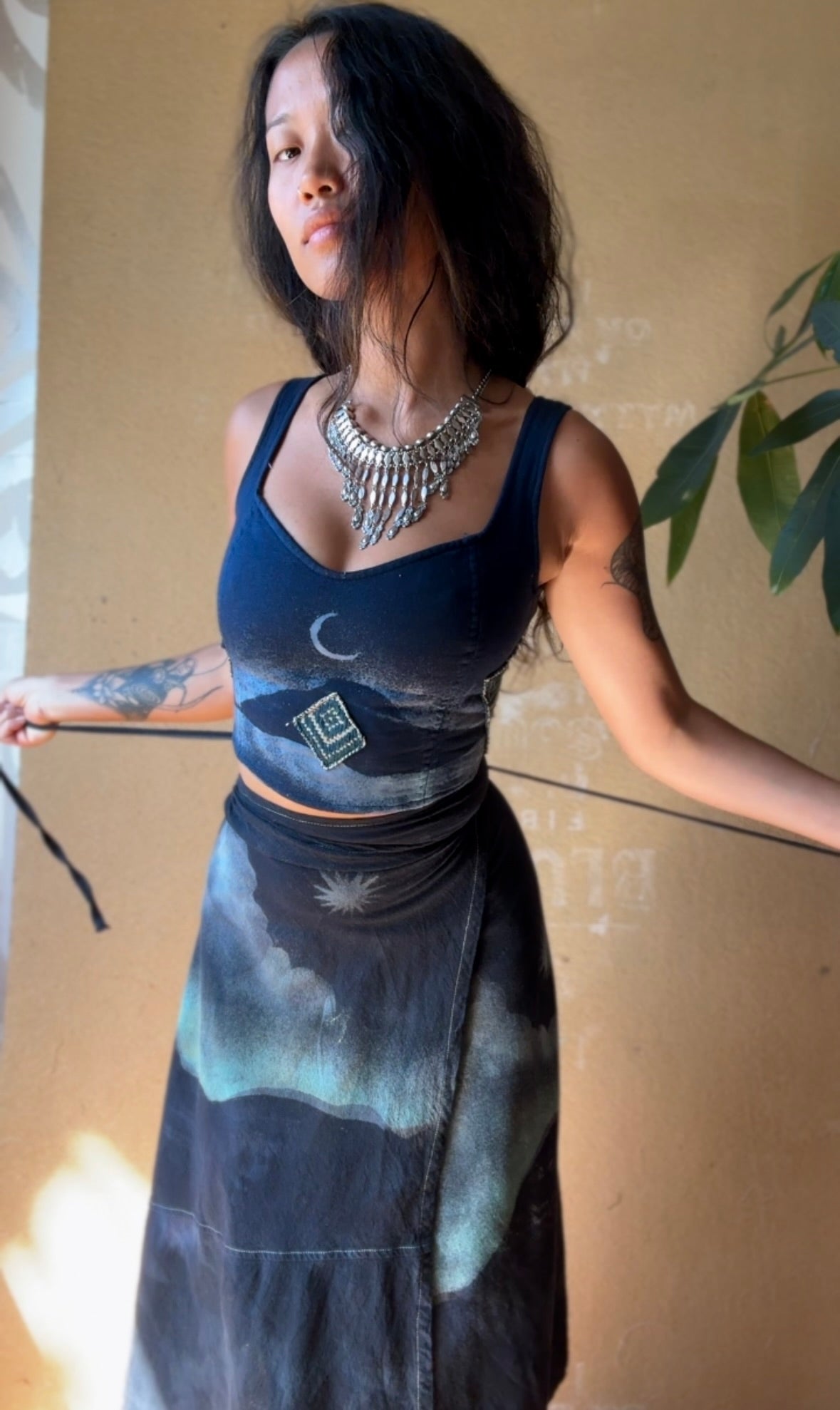 Fits Small & Medium Midnight Moon SET - Corset Top and Wrap Skirt - Vintage 70's Hmong HIll Tribe Vietnamese Patch