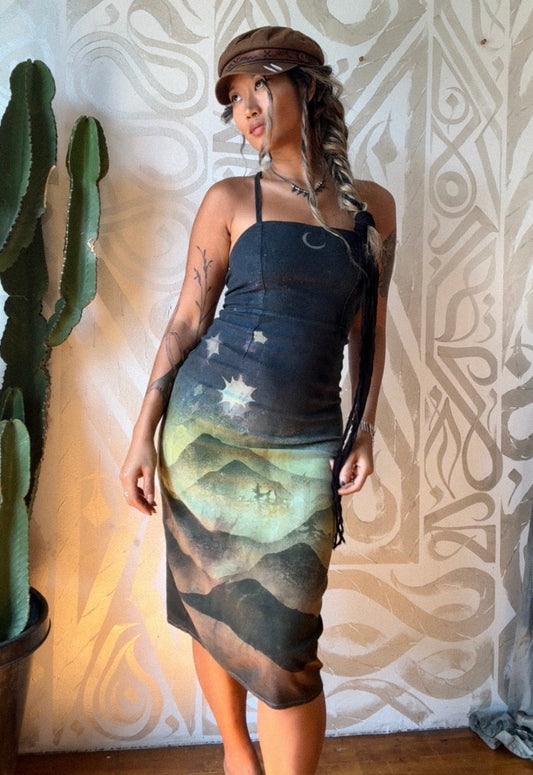 Small - In the Mountains- Dress - Tie Back & Zipper - 50% Linen 48% Rayon 2% Spndx - Adjustable Straps-Upcycled Regenerazhinh -OOAK