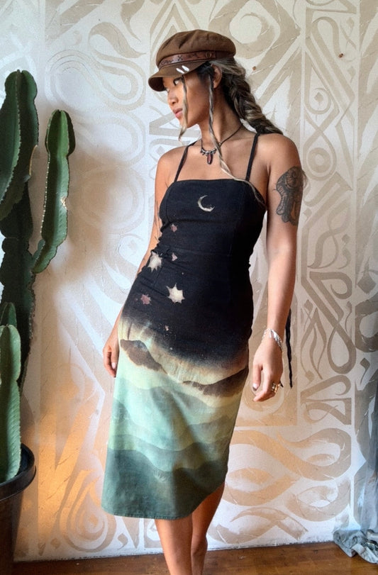 Small - Midnight Glowing Misty Mountains- Dress - Tie Back & Zipper - 50% Linen 48% Rayon 2% Spndx - Adjustable Straps-Upcycled Regenerazhinh -OOAK