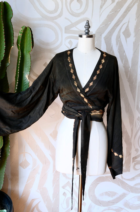 New! MTO- Solid SMUDGE- Solid version charcoal black Wrap Top- Milky soft  Mid weight Lotus plant waste vegan Silk- Limited Series- Bell Sleeve Wrap