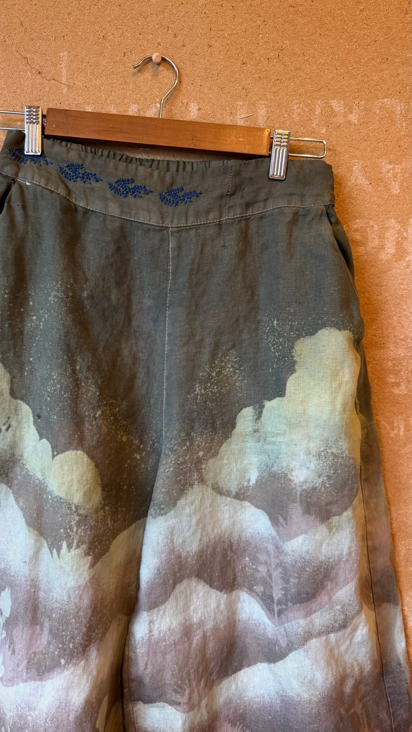 S/M -Size 4- Desert Soothe Landscape Wide Legged Pants - Embroidery waist detail - Linen Pants - Upcycled - OOAK