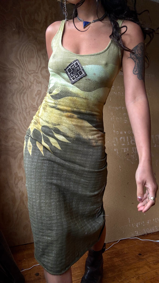 New! Small/Medium - Green Emerald Lunadala Dress- 100% Unique Gridded Cotton - Integration Collection- Vintage VietnameseHmong Hill tribe tapestry patch